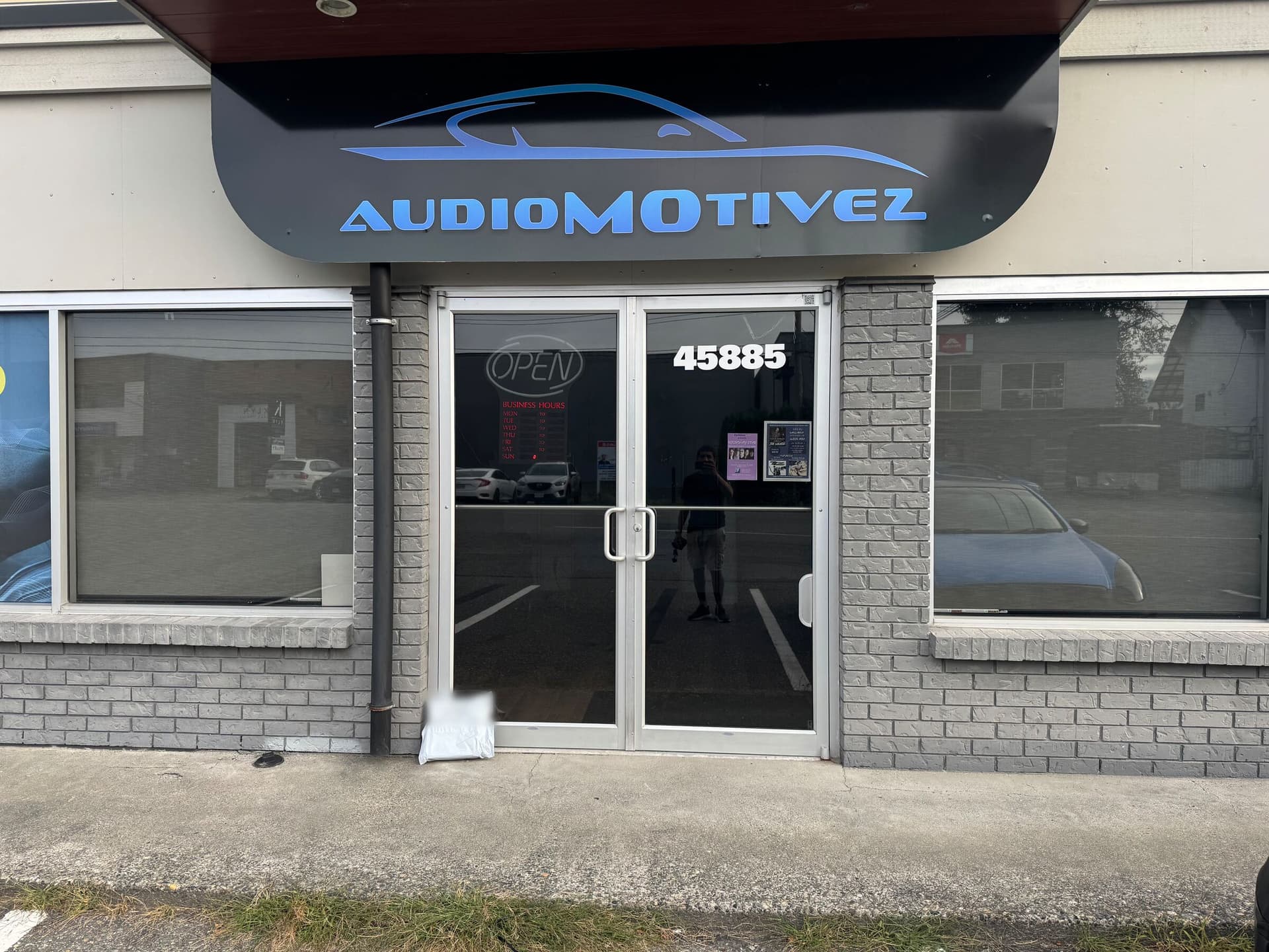 Audiomotivez storefront sign and entrance at 45885 Alexander Ave, Chilliwack